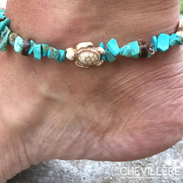 Bracelet de cheville coquillage avec tortue et perles bleues et blanches