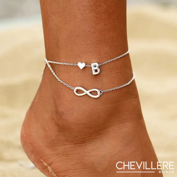 Chaîne de cheville argent personnalisée avec cœur et infini