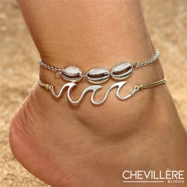 Bracelet de cheville coquillage argenté en duo